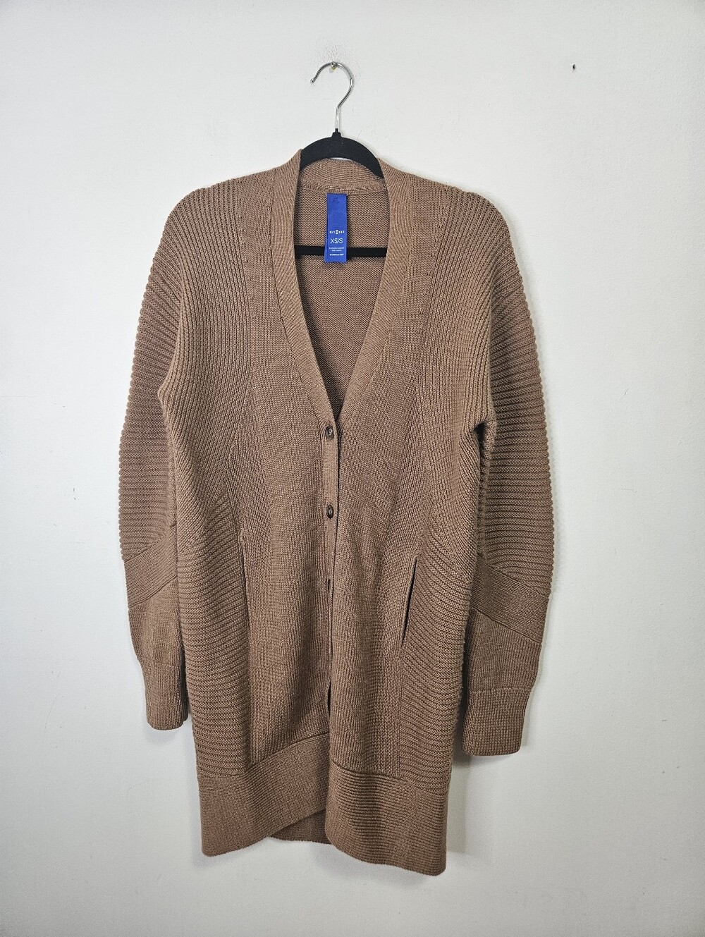 Kit & Ace Merino Wool Long Line Cardigan XS/S Tan Brown V-Neck Button Front